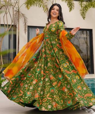 Green digital printed silk traditional anarkali gown with dupatta 1