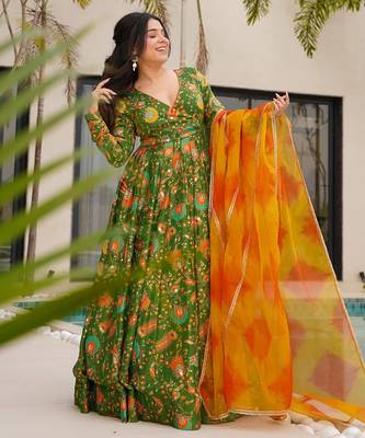 Green digital printed silk traditional anarkali gown with dupatta 2