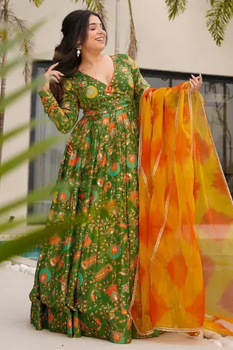 Green digital printed silk traditional anarkali gown with dupatta