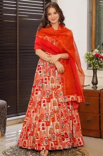 Red digital printed silk traditional anarkali gown with dupatta