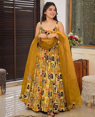 Mustard digital printed silk traditional anarkali gown with dupatta 1
