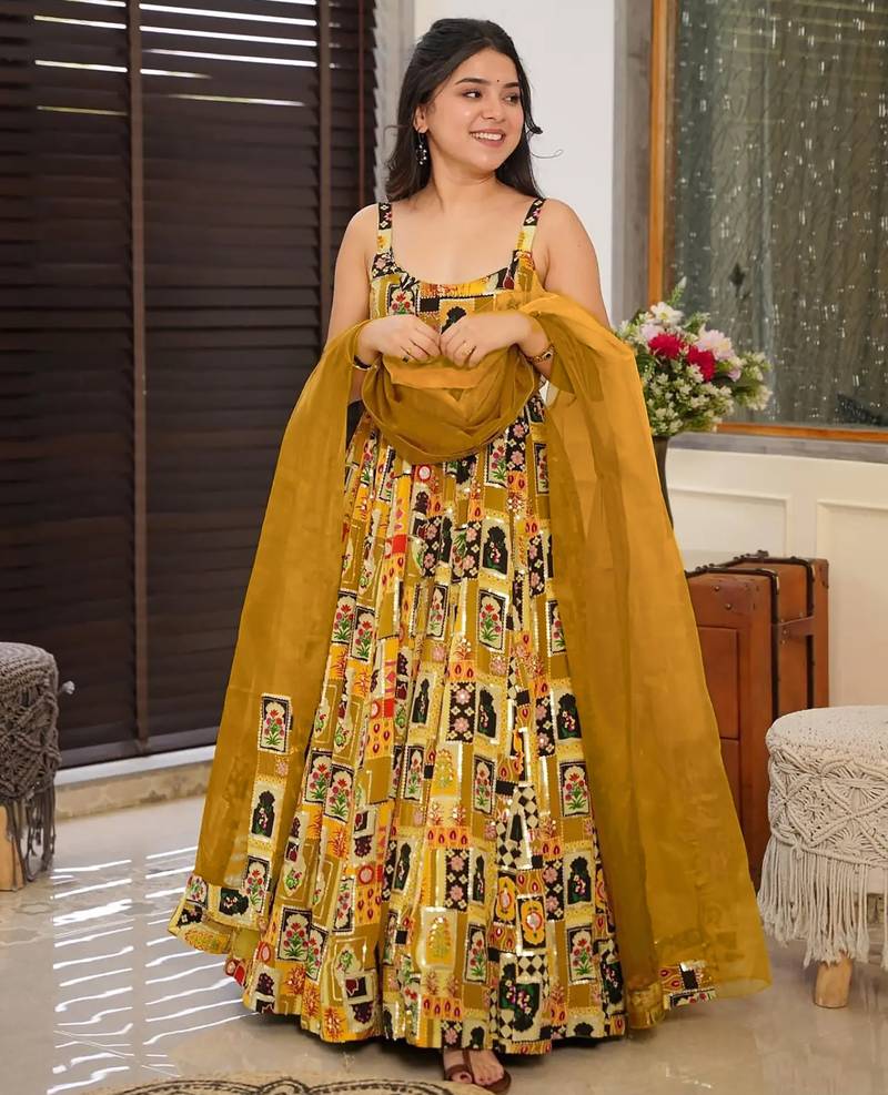 Mustard digital printed silk traditional anarkali gown with dupatta