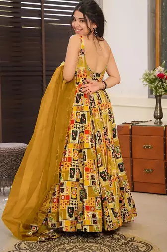 Mustard digital printed silk traditional anarkali gown with dupatta