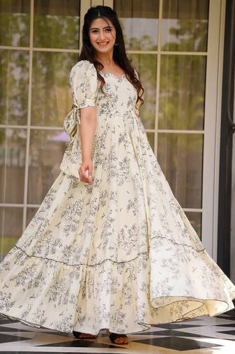 Off white digital printed rayon traditional anarkali gown