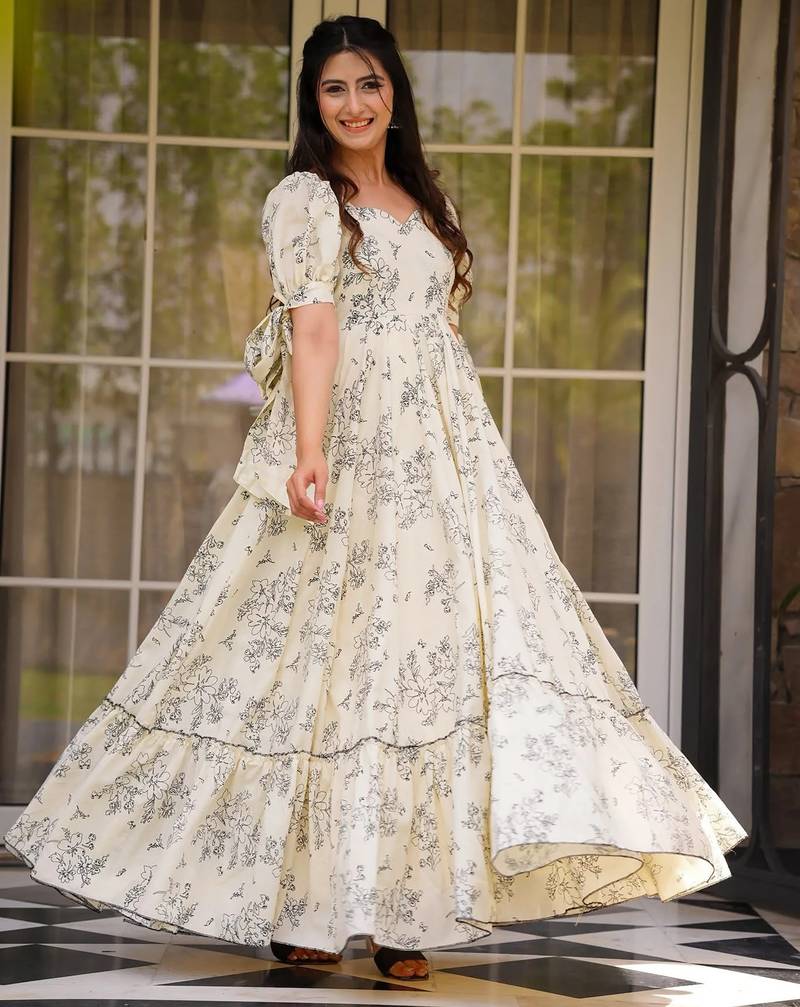Off white digital printed rayon traditional anarkali gown