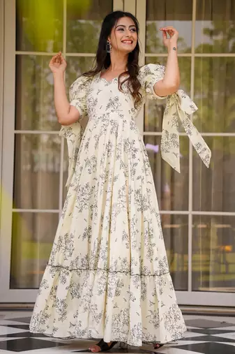 Off white digital printed rayon traditional anarkali gown