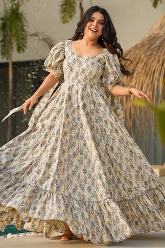 Grey digital printed rayon traditional anarkali gown