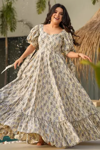 Grey digital printed rayon traditional anarkali gown