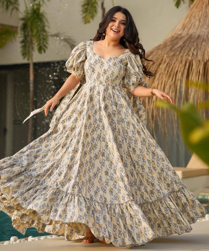 Grey digital printed rayon traditional anarkali gown