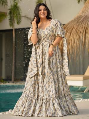 Grey digital printed rayon traditional anarkali gown 2
