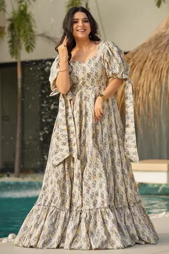 Grey digital printed rayon traditional anarkali gown