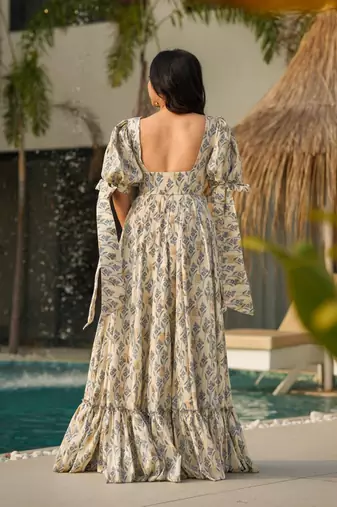 Grey digital printed rayon traditional anarkali gown