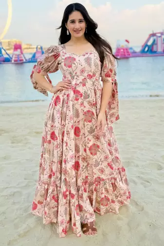 Multicolor digital printed rayon traditional anarkali gown
