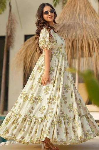 Green digital printed rayon traditional anarkali gown