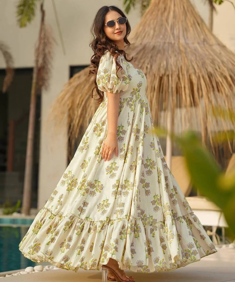 Green digital printed rayon traditional anarkali gown
