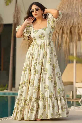 Green digital printed rayon traditional anarkali gown