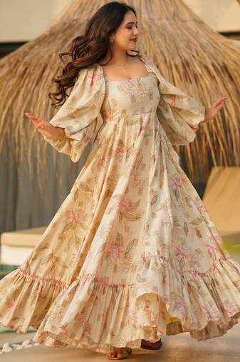Cream digital printed rayon traditional anarkali gown