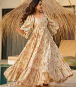 Cream digital printed rayon traditional anarkali gown