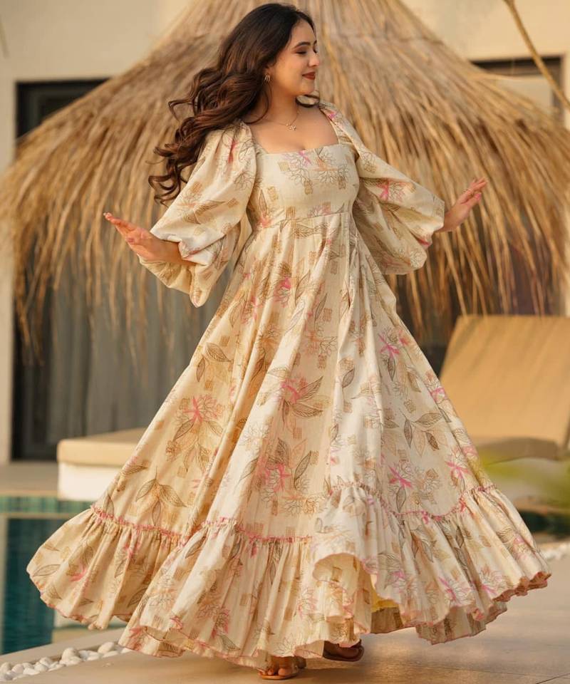 Cream digital printed rayon traditional anarkali gown