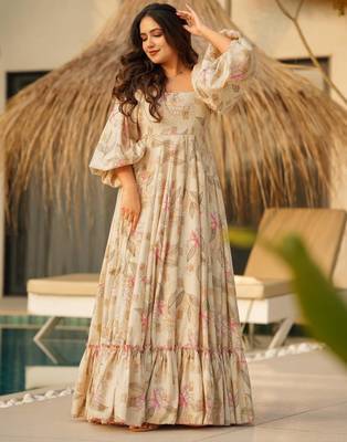 Cream digital printed rayon traditional anarkali gown 2