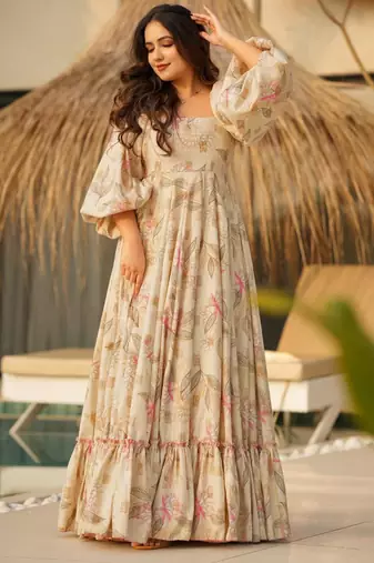 Cream digital printed rayon traditional anarkali gown