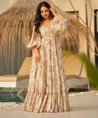 Cream digital printed rayon traditional anarkali gown 3