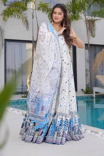 White digital printed rayon traditional anarkali gown with dupatta