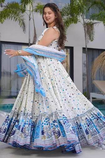 White digital printed rayon traditional anarkali gown with dupatta