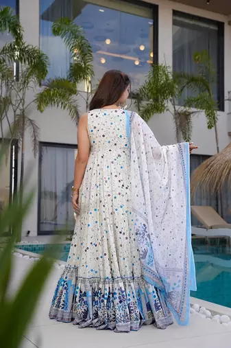 White digital printed rayon traditional anarkali gown with dupatta