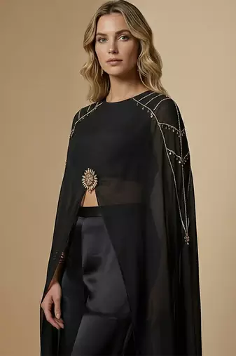 Black embroidered satin co ord set