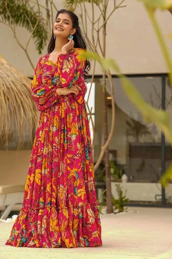 Multicolor digital printed airtex chinon traditional anarkali gown