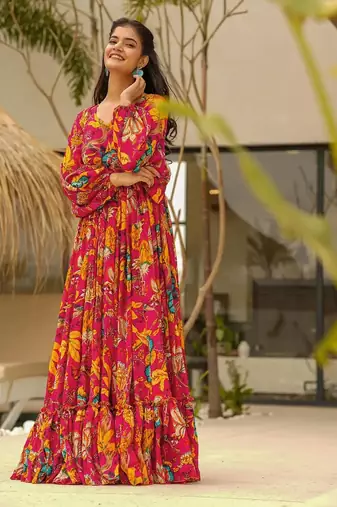 Multicolor digital printed airtex chinon traditional anarkali gown