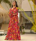 Multicolor digital printed airtex chinon traditional anarkali gown