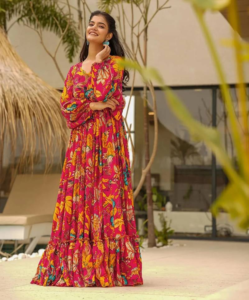 Multicolor digital printed airtex chinon traditional anarkali gown