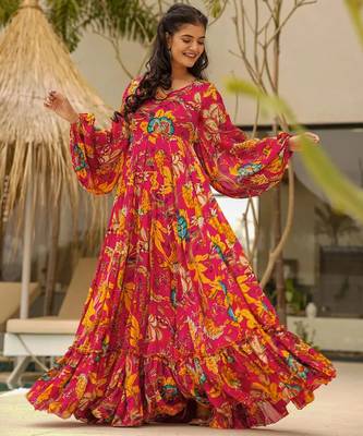 Multicolor digital printed airtex chinon traditional anarkali gown 2