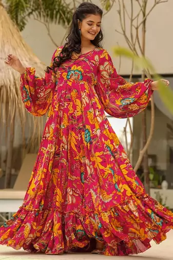 Multicolor digital printed airtex chinon traditional anarkali gown