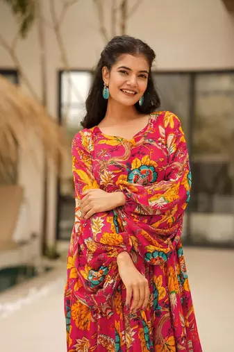 Multicolor digital printed airtex chinon traditional anarkali gown