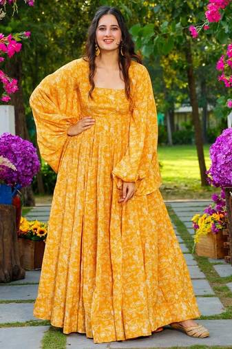 Yellow digital printed georgette traditional anarkali gown