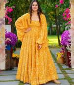 Yellow digital printed georgette traditional anarkali gown