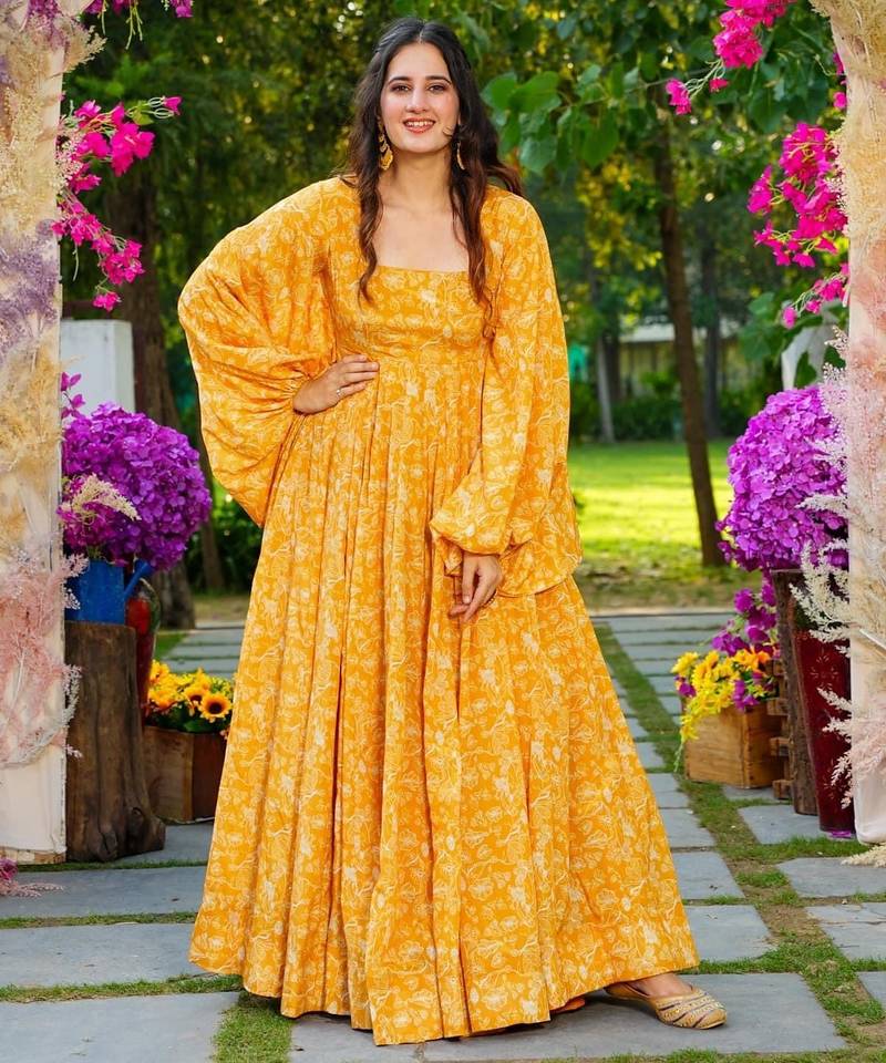 Yellow digital printed georgette traditional anarkali gown