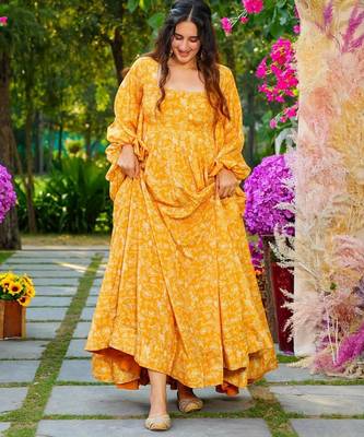 Yellow digital printed georgette traditional anarkali gown 2