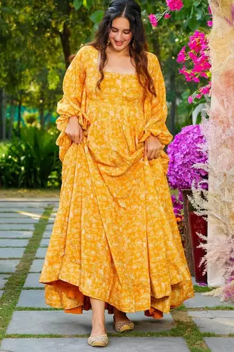 Yellow digital printed georgette traditional anarkali gown