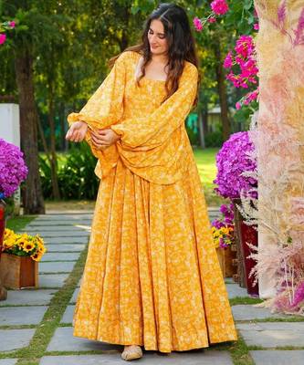 Yellow digital printed georgette traditional anarkali gown 3