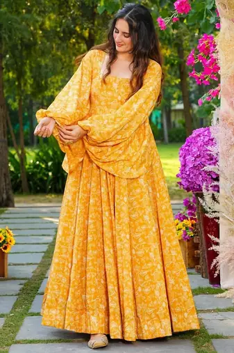 Yellow digital printed georgette traditional anarkali gown