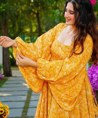 Yellow digital printed georgette traditional anarkali gown 4
