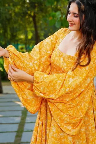 Yellow digital printed georgette traditional anarkali gown