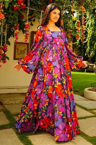 Multicolor digital printed georgette traditional anarkali gown