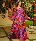 Multicolor digital printed georgette traditional anarkali gown