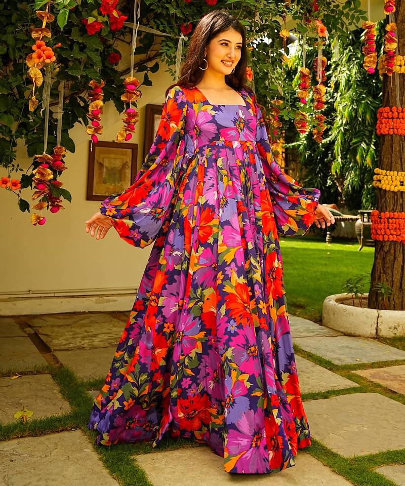 Multicolor digital printed georgette traditional anarkali gown