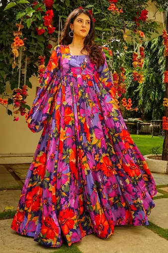 Multicolor digital printed georgette traditional anarkali gown